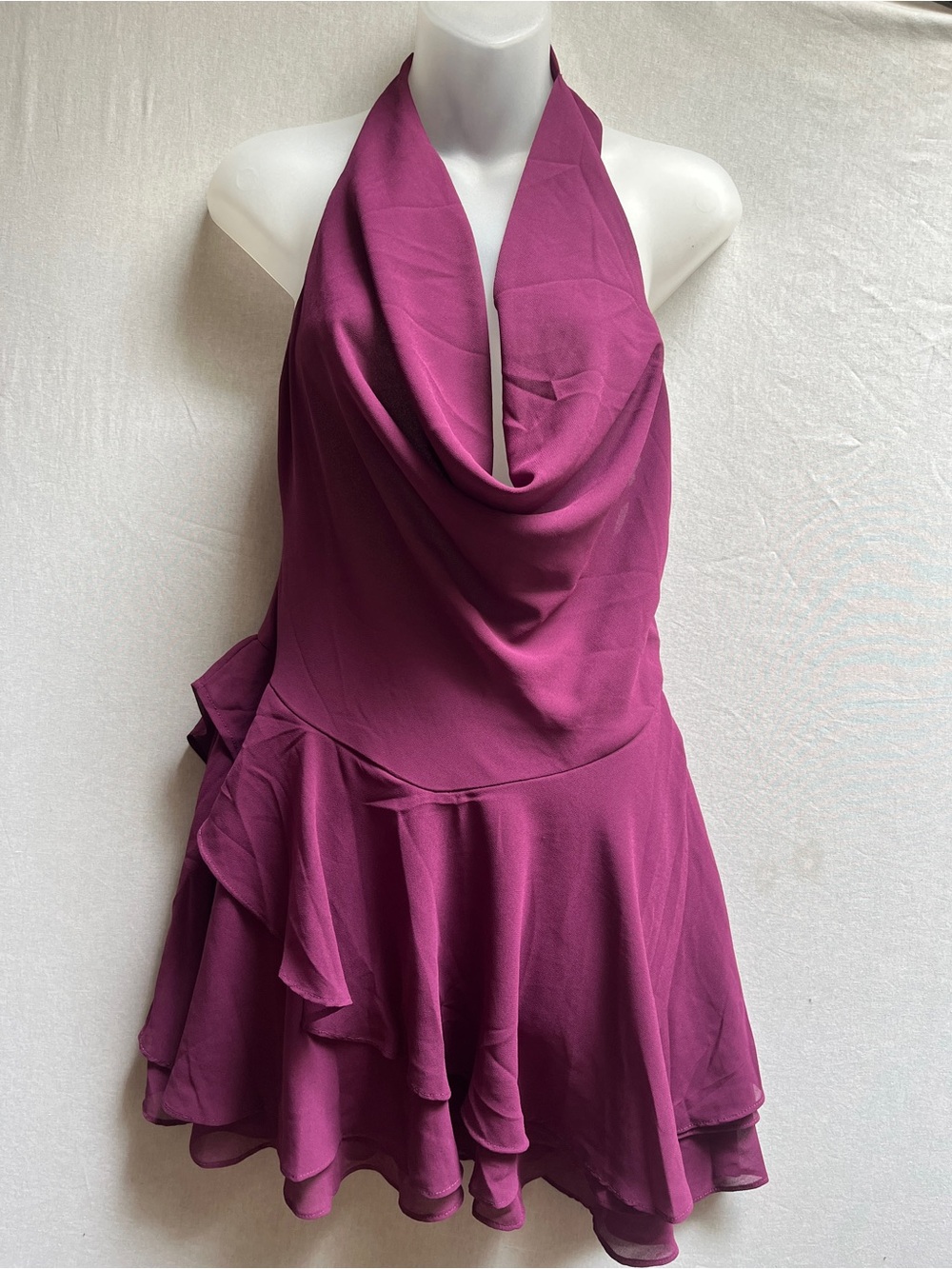 Bronzesnake Halter Neck Ruffle Satin Dress Magenta M